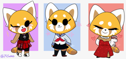 Size: 3488x1645 | Tagged: safe, artist:t-whiskers, retsuko (aggretsuko), mammal, red panda, anthro, plantigrade anthro, aggretsuko, sanrio, 2020, alcohol, clothes, dress, drink, evening gloves, eyes closed, female, gloves, heart, long gloves, sailor outfit, smiling, tail, watermark, wine, wine glass