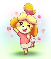 Size: 1500x1747 | Tagged: safe, artist:dawnfire, isabelle (animal crossing), canine, dog, mammal, shih tzu, anthro, plantigrade anthro, animal crossing, animal crossing: new horizons, nintendo, 2d, cute, female, flower, looking at you, one eye closed, solo, solo female, winking