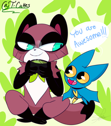 Size: 2766x3158 | Tagged: safe, artist:t-whiskers, adorabat (mao mao), tanya keys (mao mao), bat, canine, mammal, raccoon dog, anthro, semi-anthro, mao mao: heroes of pure heart, 2019, cute, dialogue, drink, duo, duo female, female, high res, looking at each other, sitting, tail, talking, tea, watermark