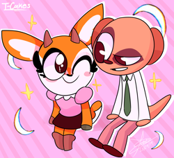 Size: 2746x2503 | Tagged: safe, artist:t-whiskers, komiya (aggretsuko), tsunoda (aggretsuko), cervid, deer, mammal, meerkat, anthro, plantigrade anthro, aggretsuko, sanrio, 2019, blush sticker, duo, female, high res, looking at each other, male, male/female, one eye closed, shipping, signature, tail, watermark, winking
