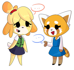 Size: 2517x2382 | Tagged: safe, artist:t-whiskers, isabelle (animal crossing), retsuko (aggretsuko), canine, dog, mammal, red panda, shih tzu, anthro, aggretsuko, animal crossing, nintendo, sanrio, ..., 2019, blush sticker, crossover, duo, duo female, female, high res, signature, simple background, smiling, tail, transparent background