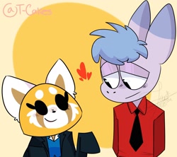 Size: 1920x1705 | Tagged: safe, artist:t-whiskers, retsuko (aggretsuko), tadako (aggretsuko), tadano (aggretsuko), donkey, equine, mammal, red panda, anthro, aggretsuko, sanrio, 2019, duo, female, heart, looking at each other, male, male/female, oversized clothes, shipping, signature, simple background, watermark, yellow background