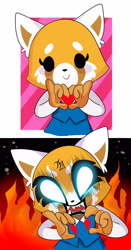 Size: 1577x3000 | Tagged: safe, artist:t-whiskers, retsuko (aggretsuko), mammal, red panda, anthro, aggretsuko, sanrio, 2019, comic, female, fire, glowing, glowing eyes, heart hands, high res, sharp teeth, smiling, solo, solo female, teeth
