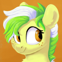 Size: 1000x1000 | Tagged: safe, artist:pucksterv, oc, oc only, earth pony, equine, fictional species, mammal, pony, feral, friendship is magic, hasbro, my little pony, 2020, 2d, 2d animation, animated, blinking, bust, cheek fluff, chest fluff, commission, ear fluff, ear twitch, female, fluff, freckles, gif, green hair, green mane, hair, looking at you, mane, multicolored mane, orange background, orange eyes, pattern background, simple background, smiling, solo, solo female, sparkly eyes, white hair, white mane, wingding eyes, ych result