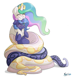 Size: 3000x3200 | Tagged: safe, artist:fluffyxai, princess celestia (mlp), princess luna (mlp), alicorn, equine, fictional species, hybrid, mammal, pony, reptile, snake, snake pony, feral, lamia, friendship is magic, hasbro, my little pony, blushing, coiling, crown, crying, duo, duo female, eyelashes, eyes closed, female, hair, high res, horn, hug, mane, one eye closed, royal sisters (mlp), scales, siblings, signature, simple background, sister, sisters, snake tail, snek, species swap, tail, tears, tears of joy, transparent background