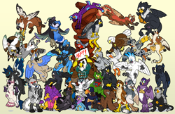 Size: 3400x2200 | Tagged: character needed, species needed, safe, artist:stupidshepherd, oc, oc:der, oc:gyro feather, oc:gyro feather (gryphon), oc:tiercel, bird, blue jay, corvid, feline, fictional species, galliform, gryphon, jay, mammal, peacock gryphon, peafowl, penguin, songbird, anthro, feral, beak, bird feet, blue feathers, blue fur, claws, feathered wings, feathers, fur, green eyes, group, high res, male, micro, midwest furfest, paws, pink feathers, size difference, tail, tail tuft, talons, wings