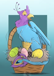 Size: 905x1280 | Tagged: safe, artist:vick-carel, oc, oc only, oc:gyro feather, oc:gyro feather (gryphon), bird, feline, fictional species, galliform, gryphon, mammal, peacock gryphon, peafowl, feral, basket, beak, bird feet, blue feathers, blue fur, claws, easter, easter egg, eggs, feathered wings, feathers, fur, green eyes, male, open beak, open mouth, paws, pink feathers, solo, solo male, tail, tail tuft, talons, wings