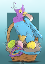 Size: 2480x3508 | Tagged: safe, artist:vick-carel, oc, oc:gyro feather, oc:gyro feather (gryphon), bird, feline, fictional species, galliform, gryphon, lagomorph, mammal, peacock gryphon, peafowl, rabbit, feral, basket, beak, bird feet, blue feathers, blue fur, claws, duo, easter, eggs, feathered wings, feathers, fur, green eyes, high res, index get, male, open beak, open mouth, paws, pink feathers, predation, signature, sitting, tail, tail tuft, talons, wings