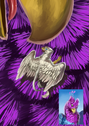 Size: 763x1080 | Tagged: safe, artist:rhaenjarr, oc, oc:der, oc:gyro feather, oc:gyro feather (gryphon), bird, feline, fictional species, galliform, gryphon, mammal, peacock gryphon, peafowl, feral, beak, bird feet, blue feathers, blue fur, claws, comic, duo, feathered wings, feathers, fur, green eyes, male, micro, nano, paws, pink feathers, size difference, tail, tail tuft, talons, wings