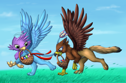 Size: 3400x2258 | Tagged: safe, artist:cheefurraacc, oc, oc:gyro feather, oc:gyro feather (gryphon), oc:saewin, bird, feline, fictional species, galliform, gryphon, mammal, peacock gryphon, peafowl, feral, basket, beak, bird feet, blue feathers, blue fur, claws, duo, easter, easter egg, feathered wings, feathers, fur, green eyes, high res, male, paws, pink feathers, running, tail, tail tuft, talons, wings