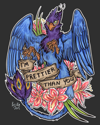 Size: 2441x3068 | Tagged: safe, artist:kiriska, oc, oc only, oc:gyro feather, oc:gyro feather (gryphon), bird, feline, fictional species, galliform, gryphon, mammal, peacock gryphon, peafowl, feral, banner, beak, bird feet, blue feathers, blue fur, claws, feathered wings, feathers, flower, fur, green eyes, high res, male, paws, pink feathers, solo, solo male, tail, tail tuft, talons, text, wings