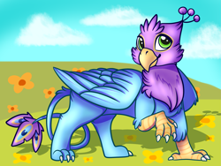 Size: 2321x1749 | Tagged: safe, artist:niwi-noodle, oc, oc only, oc:gyro feather, oc:gyro feather (gryphon), bird, feline, fictional species, galliform, gryphon, mammal, peacock gryphon, peafowl, feral, beak, bird feet, blue feathers, blue fur, claws, feathered wings, feathers, flower, fur, green eyes, male, paws, pink feathers, solo, solo male, tail, tail tuft, talons, wings