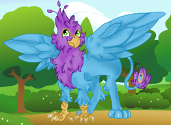 Size: 4120x3000 | Tagged: safe, artist:euspuche, oc, oc only, oc:gyro feather, oc:gyro feather (gryphon), bird, feline, fictional species, galliform, gryphon, mammal, peacock gryphon, peafowl, feral, beak, bird feet, blue feathers, blue fur, claws, feathered wings, feathers, fur, green eyes, male, paws, pink feathers, solo, solo male, tail, tail tuft, talons, tree, wings