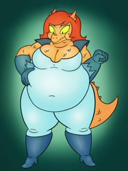 Size: 959x1280 | Tagged: suggestive, artist:chubpupper, cosma (ok k.o.), reptile, anthro, plantigrade anthro, cartoon network, ok k.o.! let's be heroes, 2017, belly grab, big belly, big breasts, breasts, clothes, fat, fat fetish, female, gloves, green background, overweight, simple background, solo, solo female, tail, thick thighs, thighs, yellow eyes