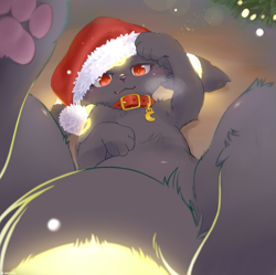 Size: 1203x1200 | Tagged: safe, artist:ancesra, eeveelution, fictional species, mammal, umbreon, feral, nintendo, pokémon, 2017, blushing, christmas, clothes, collar, colored pupils, commission, fluff, hat, holiday, kemono, looking at you, lying down, male, on back, paw pads, paws, red eyes, solo, solo male, tail, underpaw