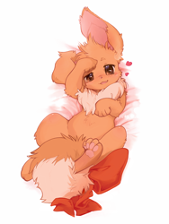 Size: 900x1200 | Tagged: safe, artist:ancesra, eevee, eeveelution, fictional species, mammal, feral, nintendo, pokémon, 2017, chest fluff, colored pupils, ear fluff, female, fluff, heart, kemono, looking at you, lying down, on back, paw pads, paws, ribbon, simple background, solo, solo female, tail, underpaw, white background