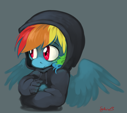 Size: 960x857 | Tagged: safe, artist:8-xenon-8, rainbow dash (mlp), equine, fictional species, mammal, pegasus, pony, anthro, semi-anthro, friendship is magic, hasbro, my little pony, anthrofied, clothes, cute, female, gray background, hoodie, hooves, magenta eyes, signature, simple background, solo, solo female, topwear, wings