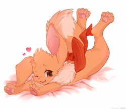 Size: 1200x1040 | Tagged: safe, artist:ancesra, eevee, eeveelution, fictional species, mammal, feral, nintendo, pokémon, 2018, blushing, chest fluff, colored pupils, fanart, female, fluff, heart, kemono, looking at you, lying down, neck fluff, open mouth, paw pads, paws, ribbon, simple background, solo, solo female, tail, underpaw, white background