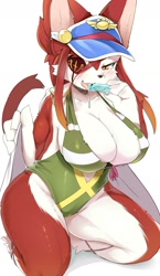 Size: 900x1555 | Tagged: suggestive, artist:faeki_dk, cat, feline, mammal, anthro, 2019, absolute cleavage, breasts, cat busters, clothes, eyepatch, female, food, hat, huge breasts, kemono, kneeling, one-piece swimsuit, popsicle, simple background, sitting, solo, solo female, swimsuit, towel, white background, wide hips