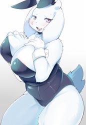 Size: 800x1164 | Tagged: suggestive, artist:faeki_dk, toriel (undertale), bovid, goat, mammal, anthro, undertale, 2019, big breasts, blushing, breasts, bunny suit, clothes, cuffs (clothes), female, gradient background, kemono, open mouth, smiling, solo, solo female
