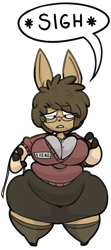 Size: 725x1640 | Tagged: safe, artist:rattiesteps, oc, oc only, oc:ellie (rattiesteps), deer, mammal, anthro, 2019, big belly, big breasts, bottomwear, breasts, clothes, dialogue, doe, fat, female, freckles, glasses, overweight, simple background, skirt, solo, solo female, talking, thick thighs, thighs, transparent background