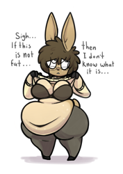 Size: 1060x1500 | Tagged: suggestive, artist:rattiesteps, oc, oc only, oc:ellie (rattiesteps), deer, mammal, anthro, 2018, belly button, big breasts, bra, breasts, clothes, dialogue, doe, fat, female, freckles, glasses, huge belly, measuring tape, overweight, simple background, solo, solo female, tail, talking, underwear, white background
