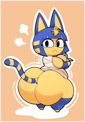 Size: 1400x2000 | Tagged: suggestive, artist:rattiesteps, ankha (animal crossing), cat, feline, mammal, anthro, animal crossing, nintendo, 2020, belly, butt, fat, female, fur, huge butt, looking at you, no nose, overweight, peach, solo, solo female, tail, yellow fur