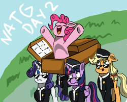 Size: 1000x800 | Tagged: safe, artist:zeronixma, applejack (mlp), pinkie pie (mlp), rarity (mlp), twilight sparkle (mlp), alicorn, earth pony, equine, fictional species, mammal, pony, unicorn, feral, friendship is magic, hasbro, my little pony, 2020, atg 2020, clothes, coffin, coffin dance, female, glasses, group, horn, mare, meme, newbie artist training grounds, tail