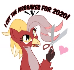 Size: 1600x1500 | Tagged: safe, artist:aaronmk, oc, oc only, oc:posada, bird, equine, fictional species, hippogriff, mammal, feral, friendship is magic, hasbro, my little pony, 2020, atg 2020, beak, feathers, female, heart, newbie artist training grounds, scissors, simple background, solo, solo female, tail, white background