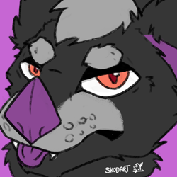 Size: 2000x2000 | Tagged: safe, artist:skodart, artist:sorajona, furbooru exclusive, oc, oc only, oc:yoru, bat, mammal, anthro, badge, big nose, black fur, blep, bust, flatcolor, fluff, fur, gray fur, grumpy, high res, icon, male, portrait, red eyes, simple background, solo, solo male, tongue, tongue out
