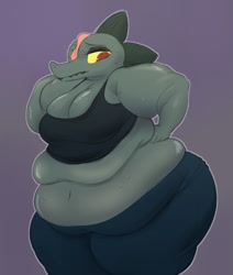 Size: 867x1024 | Tagged: suggestive, artist:huwon, bea santello (nitw), crocodile, crocodilian, reptile, anthro, night in the woods, 2020, belly button, big breasts, breasts, butt, cloth, clothes, fat, female, huge belly, huge butt, obese, purple background, simple background, solo, solo female, sweat, tank top, topwear