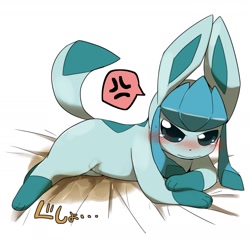 Size: 2200x2200 | Tagged: suggestive, artist:皐月ウサギ, eeveelution, fictional species, glaceon, mammal, feral, nintendo, pokémon, ambiguous gender, blue eyes, blue fur, blue tail, blushing, cross-popping veins, digital art, fur, high res, japanese text, paws, pissing, simple background, solo, solo ambiguous, tail, urine, wetting, white background
