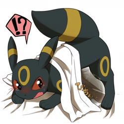 Size: 2200x2200 | Tagged: suggestive, artist:皐月ウサギ, eeveelution, fictional species, mammal, umbreon, feral, nintendo, pokémon, ambiguous gender, black fur, black tail, blushing, digital art, fangs, fur, high res, interrobang, japanese text, open mouth, paws, pissing, raised tail, red eyes, sheets, simple background, solo, solo ambiguous, speech bubble, tail, tears, teeth, translation request, urine, wetting, white background