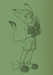 Size: 720x1012 | Tagged: safe, artist:huwon, carol tea (freedom planet), cat, feline, mammal, anthro, freedom planet, 2019, bottomwear, clothes, female, fingerless gloves, gloves, green background, looking at you, monochrome, shorts, simple background, solo, solo female, tail, tank top, topwear