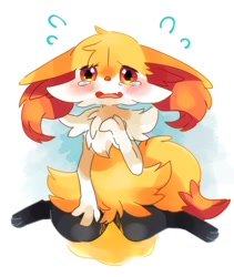 Size: 900x1065 | Tagged: suggestive, artist:tanuki533, braixen, canine, fictional species, fox, mammal, anthro, nintendo, pokémon, ambiguous gender, blushing, chest fluff, crying, desperation, digital art, ear fluff, floppy ears, fluff, fur, grabbing crotch, head fluff, looking up at you, omorashi, open mouth, paws, pissing, red eyes, simple background, sitting, solo, solo ambiguous, starter pokémon, tail, tail fluff, urine, wetting, white background, yellow fur