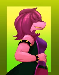Size: 1002x1280 | Tagged: species needed, safe, artist:huwon, susie (deltarune), reptile, anthro, deltarune, 2019, belt, breasts, clothes, female, green background, jacket, pink skin, side view, simple background, solo, solo female, spiked wristband, topwear, wristband