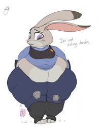 Size: 997x1280 | Tagged: suggestive, artist:huwon, judy hopps (zootopia), lagomorph, mammal, rabbit, anthro, disney, zootopia, 2018, big belly, breasts, dialogue, doughnut, fat, female, food, motion lines, overweight, police uniform, purple eyes, signature, simple background, small breasts, solo, solo female, talking, thick thighs, thighs, weight gain, white background