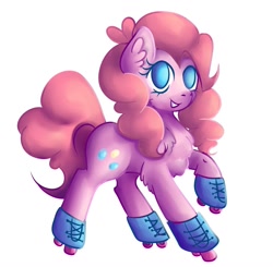 Size: 1280x1256 | Tagged: safe, artist:coco-drillo, pinkie pie (mlp), earth pony, equine, fictional species, mammal, pony, feral, friendship is magic, hasbro, my little pony, 2020, atg 2020, ear fluff, female, fluff, hair, happy, inline skates, mare, newbie artist training grounds, open mouth, pink hair, pink mane, roller skates, simple background, smiling, solo, solo female, tail, white background