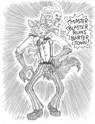 Size: 720x937 | Tagged: safe, artist:texasuberalles, haru (beastars), legoshi (beastars), canine, lagomorph, mammal, rabbit, wolf, anthro, beastars, clothes, duo, female, grayscale, mad max, male, monochrome, necktie, pencil drawing, riding, riding on back, shoes, suspenders, yelling