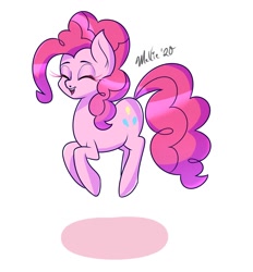 Size: 1300x1400 | Tagged: safe, artist:melliedraws, pinkie pie (mlp), earth pony, equine, fictional species, mammal, pony, feral, friendship is magic, hasbro, my little pony, 2020, atg 2020, eyes closed, female, hair, happy, jumping, mare, newbie artist training grounds, pink hair, pink mane, signature, simple background, smiling, solo, solo female, tail, white background
