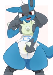 Size: 1444x2048 | Tagged: suggestive, artist:nyanyakotarou, fictional species, lucario, mammal, anthro, nintendo, pokémon, ambiguous gender, chest fluff, diaper, diaper fetish, digital art, fangs, fluff, grabbing crotch, open mouth, paws, pissing, red eyes, simple background, solo, solo ambiguous, tears, teeth, urine, wet diaper, wetting