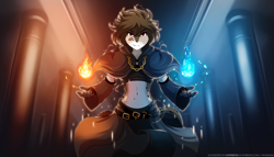 Size: 2240x1280 | Tagged: safe, artist:twokinds, kat (twokinds), fictional species, keidran, mammal, anthro, twokinds, 2020, clothes, female, mage, magic, magic fire, solo, solo female, temple