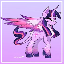 Size: 1280x1280 | Tagged: safe, artist:swirlseypop, twilight sparkle (mlp), alicorn, classical unicorn, equine, fictional species, mammal, pony, feral, friendship is magic, hasbro, my little pony, color porn, feathered wings, feathers, female, horn, mare, one eye closed, smiling, solo, solo female, sparkly eyes, sparkly hair, sparkly mane, sparkly tail, spread wings, tail, wingding eyes, wings, winking