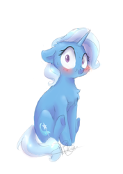 Size: 2059x2912 | Tagged: safe, artist:pucksterv, trixie (mlp), equine, fictional species, mammal, pony, unicorn, feral, friendship is magic, hasbro, my little pony, 2017, :t, blushing, cheek fluff, cutie mark, eyelashes, female, fluff, hair, high res, horn, looking at you, mare, scrunchy face, signature, simple background, sitting, solo, solo female, tail, white background