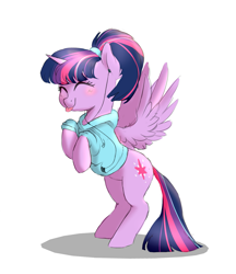 Size: 1375x1591 | Tagged: safe, artist:pucksterv, twilight sparkle (mlp), alicorn, equine, fictional species, mammal, pony, feral, friendship is magic, hasbro, my little pony, 2018, alternate hairstyle, clothes, dancing, earphones, eyes closed, female, hoodie, horn, mare, ponytail, simple background, solo, solo female, topwear, white background, wings