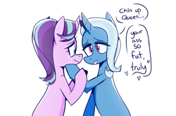 Size: 1579x1048 | Tagged: safe, artist:cassettepunk, starlight glimmer (mlp), trixie (mlp), equine, fictional species, mammal, pony, unicorn, feral, friendship is magic, hasbro, my little pony, crying, dialogue, duo, duo female, female, female/female, heart, horn, lidded eyes, looking at each other, mare, shipping, simple background, smiling, speech bubble, startrix (mlp), tail, talking, white background