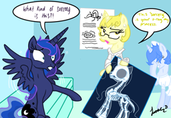 Size: 3869x2673 | Tagged: safe, artist:darkest-lunar-flower, blue pearl (steven universe), princess luna (mlp), yellow pearl (steven universe), alicorn, equine, fictional species, mammal, pony, unicorn, feral, cartoon network, friendship is magic, hasbro, my little pony, steven universe, anatomy, blue fur, blue hair, bone, bones, crossover, dialogue, doctor, ethereal mane, facehoof, feathered wings, feathers, female, feralized, fur, group, hair, high res, horn, internal view, mare, nurse, on the moon for too long, ponified, poster, sitting, skeleton, skull, species swap, speech bubble, spread wings, talking, trio, unamused, wings, x-ray picture, yellow fur, yellow hair