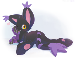 Size: 1300x1008 | Tagged: safe, artist:ancesra, black gatomon, cat, feline, fictional species, mammal, feral, digimon, 2018, ambiguous gender, black fur, blushing, butt, chibi, colored pupils, ear fluff, fluff, fur, heart, kemono, looking at you, lying down, paws, presenting, purple fur, rear view, signature, simple background, slit pupils, solo, solo ambiguous, tail, underpaw, white background, yellow eyes