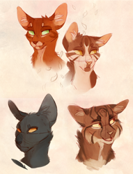 Size: 2000x2618 | Tagged: safe, artist:finchwing, bramblestar (warrior cats), crowfeather (warrior cats), leafpool (warrior cats), squirrelflight (warrior cats), cat, feline, mammal, feral, warrior cats, 2016, amber eyes, cheek fluff, cute, ear fluff, female, fluff, green eyes, group, head fluff, high res, male, simple background, yellow background
