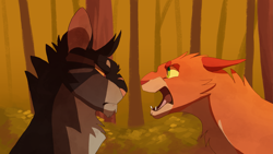 Size: 3257x1842 | Tagged: safe, artist:finchwing, firestar (warrior cats), tigerstar (warrior cats), cat, feline, mammal, feral, warrior cats, 2016, amber eyes, cheek fluff, duo, fluff, forest, green eyes, head fluff, looking at each other, male, map:the room where it happens (warrior cats), neck fluff, the prophecies begin